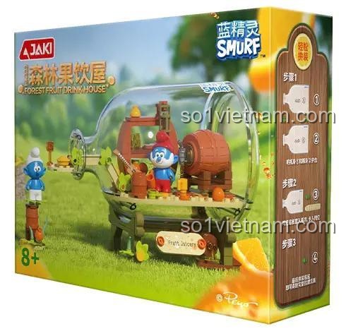 Hộp sản phẩm Smurf Forest Fruit Drink House HK322 JAKI, đồ chơi lắp ghép Smurf cho bé 8+