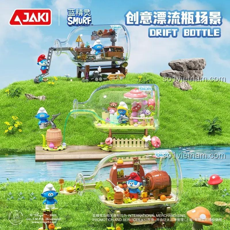 Cảnh biển với mô hình Smurf Forest Fruit Drink House HK322 JAKI, đồ chơi lắp ghép Smurf