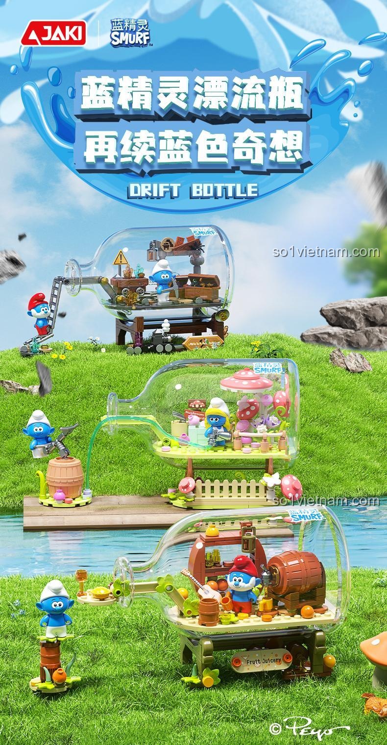 Thiết kế chai độc đáo của mô hình Smurf Forest Fruit Drink House HK322 JAKI