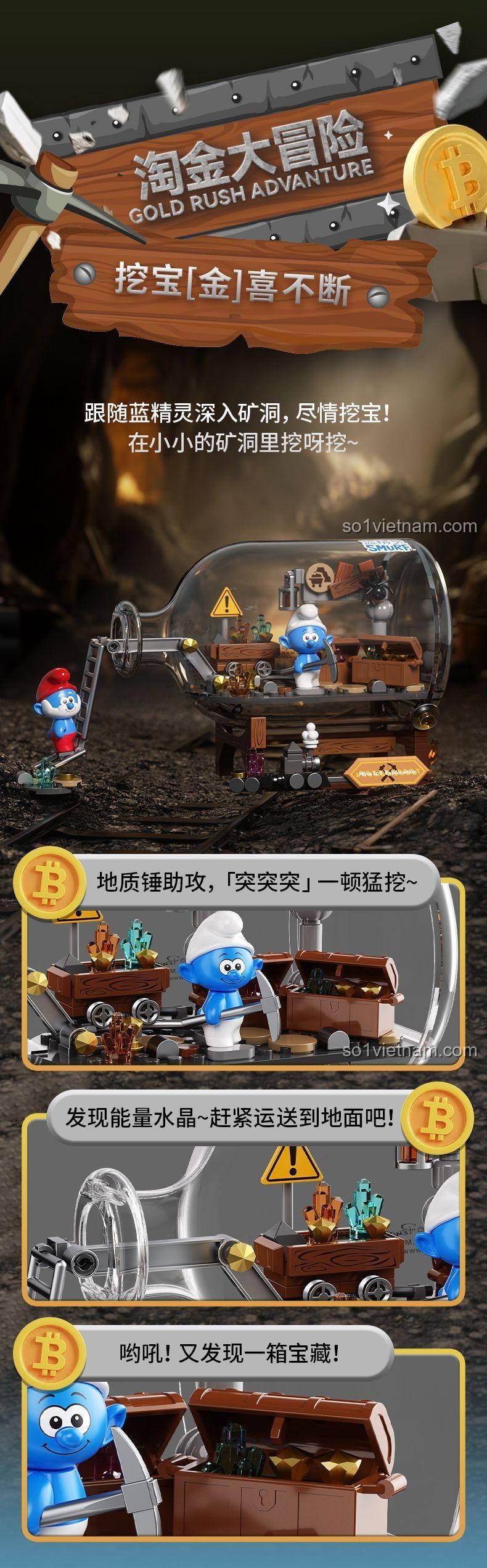 Mô hình Smurf Gold Rush Adventure JAKI HK323 bên trong chai thủy tinh, đồ chơi giáo dục cho bé 8 tuổi