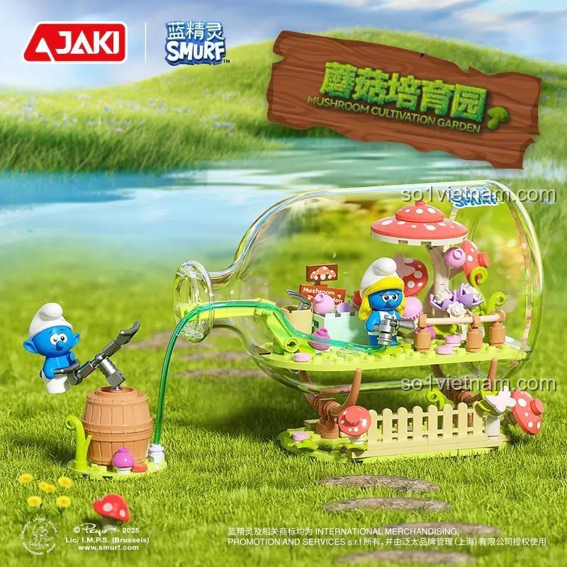 Chi tiết hộp sản phẩm Smurf Mushroom Cultivate Garden JAKI HK324, đồ chơi lắp ghép Smurf, đồ chơi giáo dục cho bé 8 tuổi