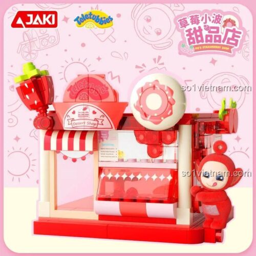 Bộ lắp ghép Teletubbies - Tiệm Bánh Dâu Tây Po JAKI HK508, Mô hình Tiệm Bánh Dâu Tây Po dễ thương, đồ chơi lắp ghép cho bé gái 8 tuổi, màu hồng đỏ trắng, kích thước 11.2x12.5x10.8 cm