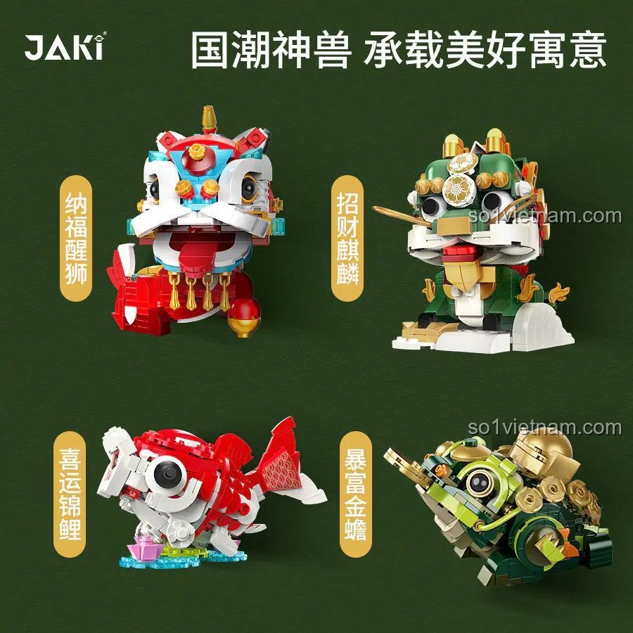 Mô hình 4 linh vật chiêu tài từ bộ xếp hình JAKI JK2022: Sư Tử Múa Lân, Kỳ Lân, Cá Chép, Cóc Vàng. Đồ chơi mô hình giá rẻ.