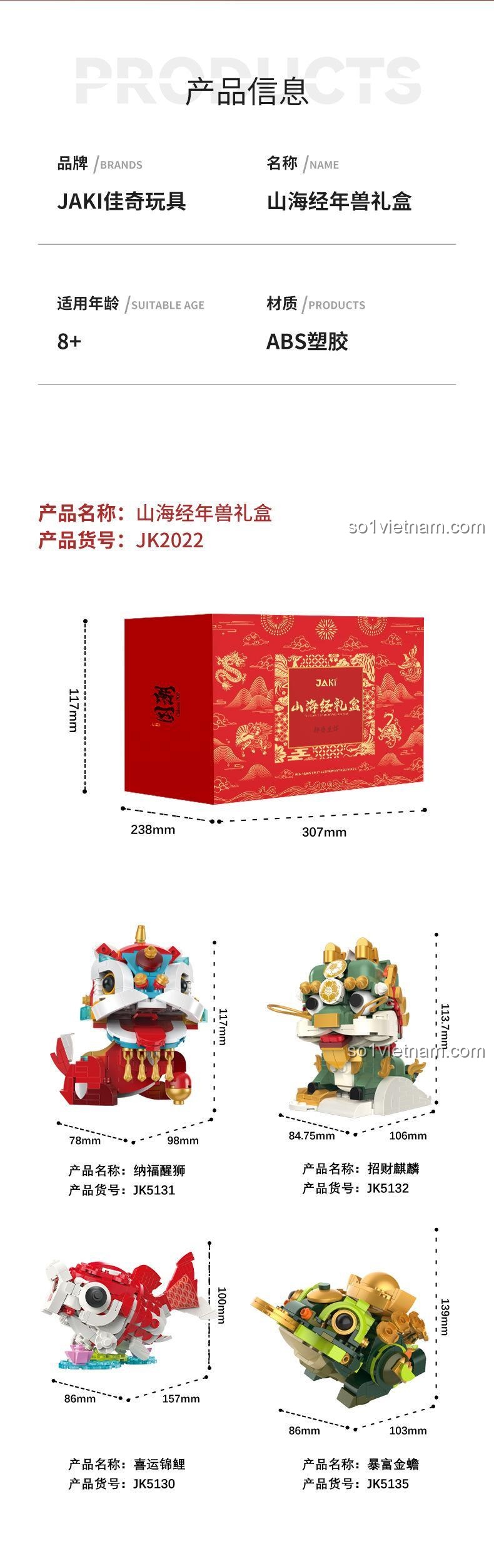 Thông số kỹ thuật và kích thước chi tiết của bộ lắp ghép JAKI JK2022 và 4 mô hình linh vật.
