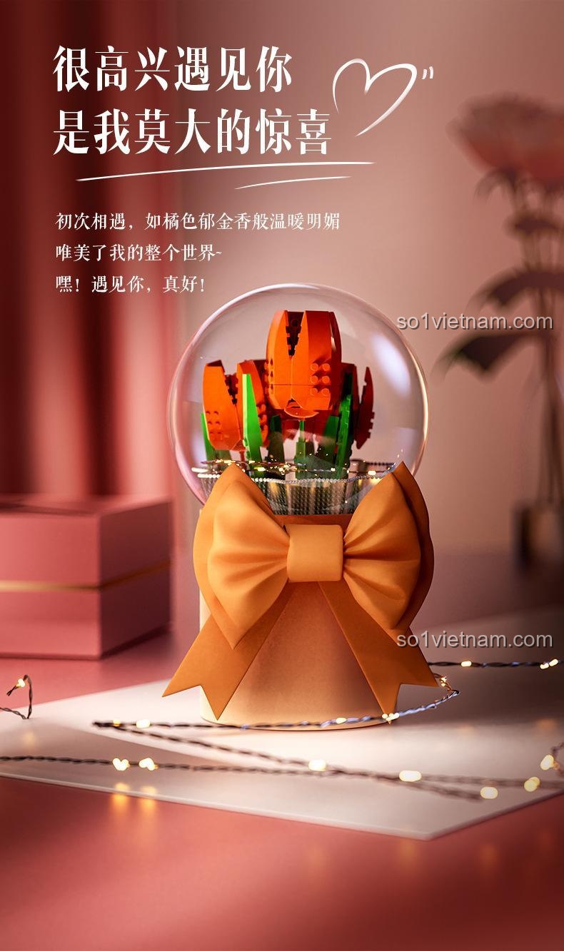 Đồ chơi mô hình Hoa tulip cam JAKI JK20231, hộp quà hoa bong bóng lãng mạn, rất vui được gặp em, cho con gái 14 tuổi