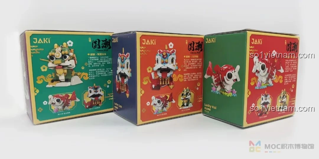 Mặt sau của ba hộp đồ chơi lắp ráp JAKI JK20236 Thú Niên Sơn Hải Kinh, hiển thị các mô hình đã hoàn thiện và thông tin sản phẩm.