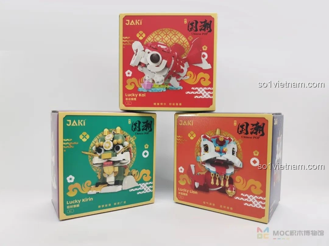 Ba hộp đồ chơi lắp ráp JAKI JK20236 Thú Niên Sơn Hải Kinh với hình ảnh Sư Tử, Kỳ Lân, Cá Chép ở mặt trước, thiết kế Quốc Triều.