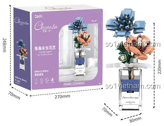 Hộp sản phẩm JAKI JK2503 Nghệ Thuật Hoa Vĩnh Cửu Thơm, đồ chơi mô hình Bình hoa thơm JK2503, thể hiện kích thước hộp và mô hình, phù hợp bé gái