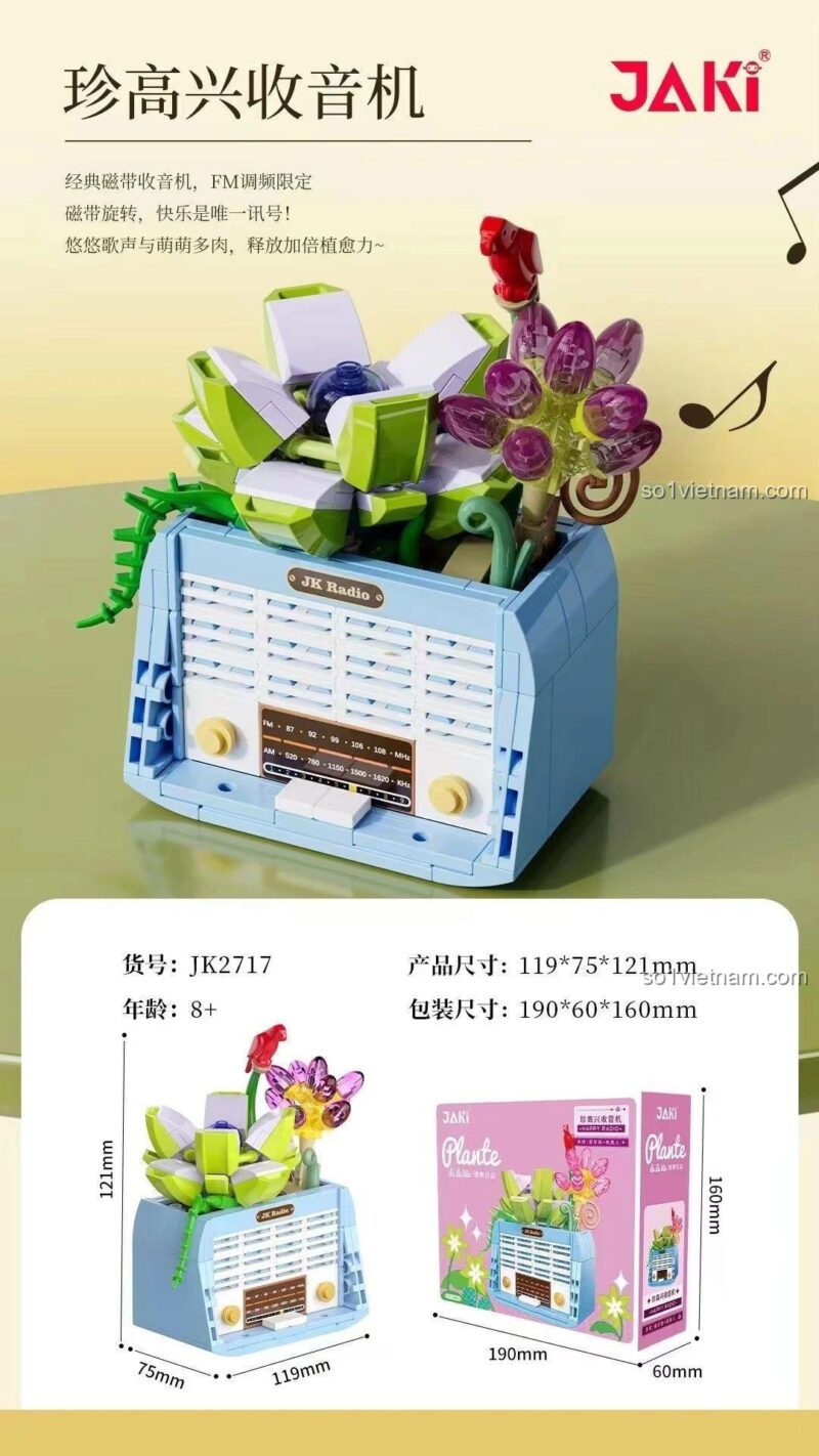 Mô tả kích thước bộ xếp hình JAKI JK2717 Đài Radio Thực Vật Hạnh Phúc, đồ chơi mô hình chậu cây đài radio, giá bình dân.