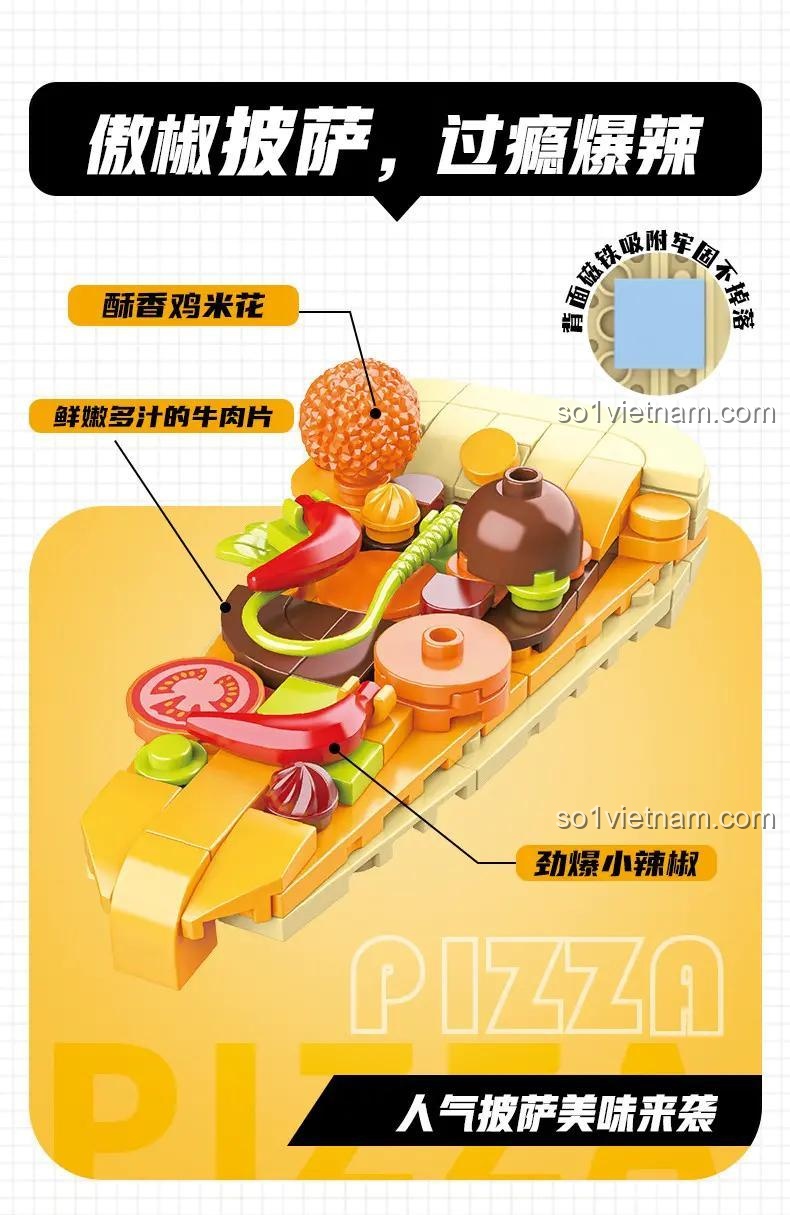 Chi tiết đồ chơi lắp ghép JAKI JK5651 Pizza Cay Nồng, mô hình pizza có nam châm dán tủ lạnh, đồ chơi sáng tạo cho trẻ 8 tuổi, chất lượng cao