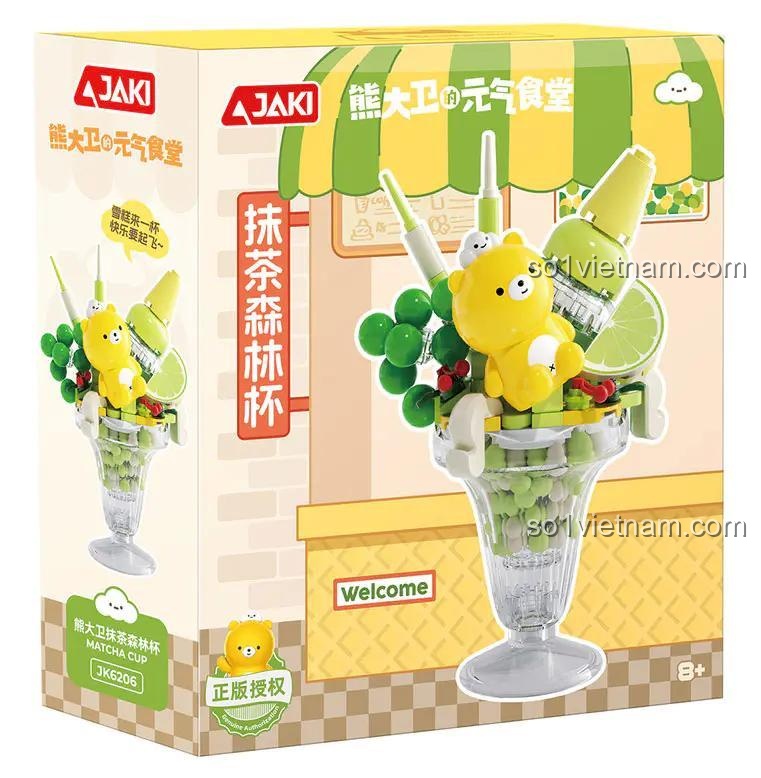 Hộp sản phẩm Gấu David Matcha Forest Cup JAKi JK6206, bộ lắp ghép trang trí bàn làm việc, màu xanh lá, vàng, trắng, cho bé gái 8 tuổi, hương vị mùa hè