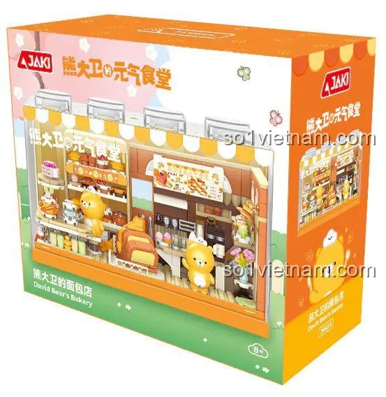 Hộp sản phẩm bộ lắp ghép tiệm bánh của Gấu David JAKi JK6218, có hình ảnh mô hình và thông tin sản phẩm