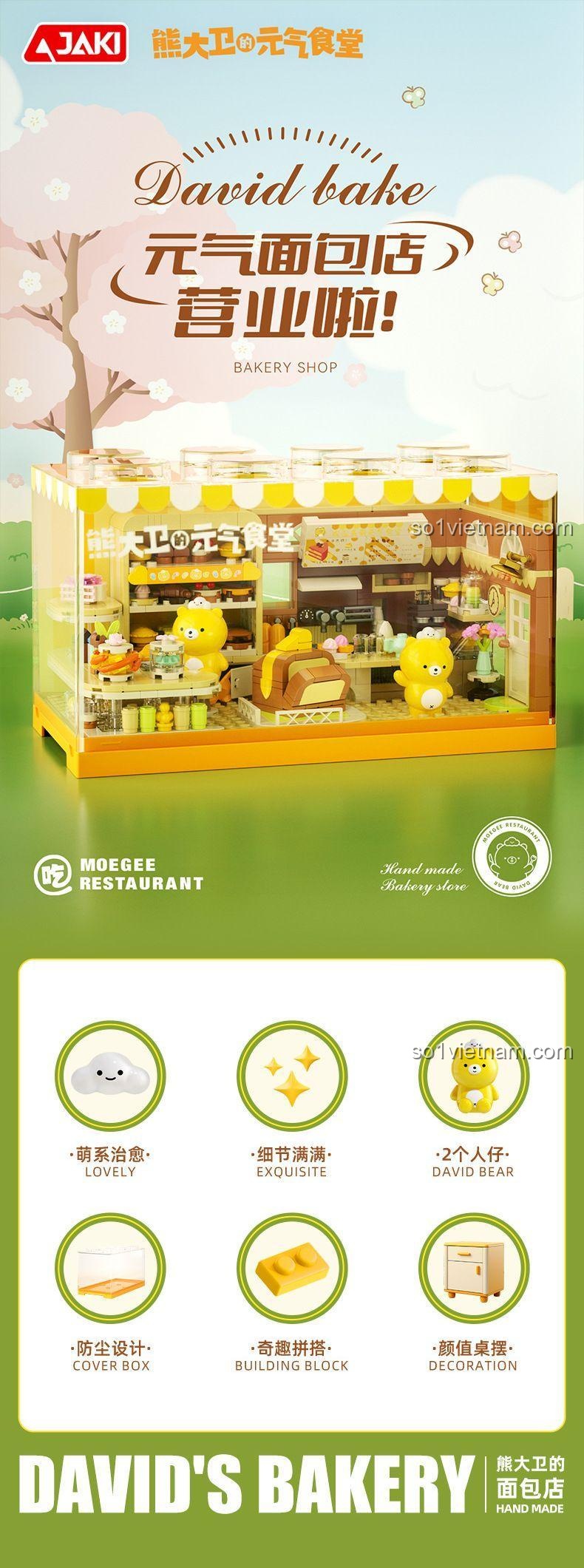 Chi tiết mô hình tiệm bánh của Gấu David JAKi JK6218, với các kệ bánh, quầy bar và 2 nhân vật gấu