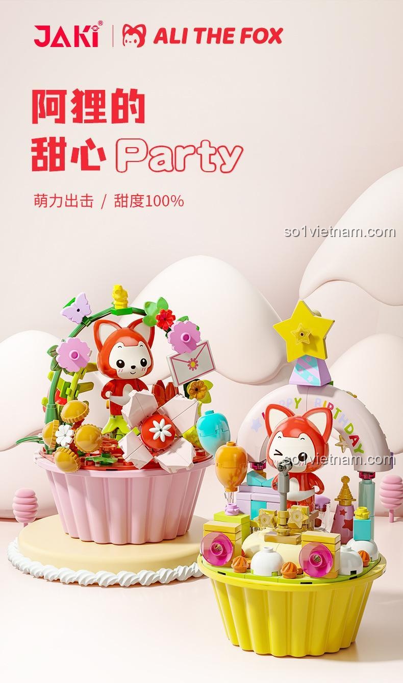 Ảnh quảng cáo bộ xếp hình trang trí Cáo Ali JK6502 màu hồng bên cạnh một mẫu khác màu vàng. Sản phẩm có độ chi tiết cao, màu sắc tươi tắn.