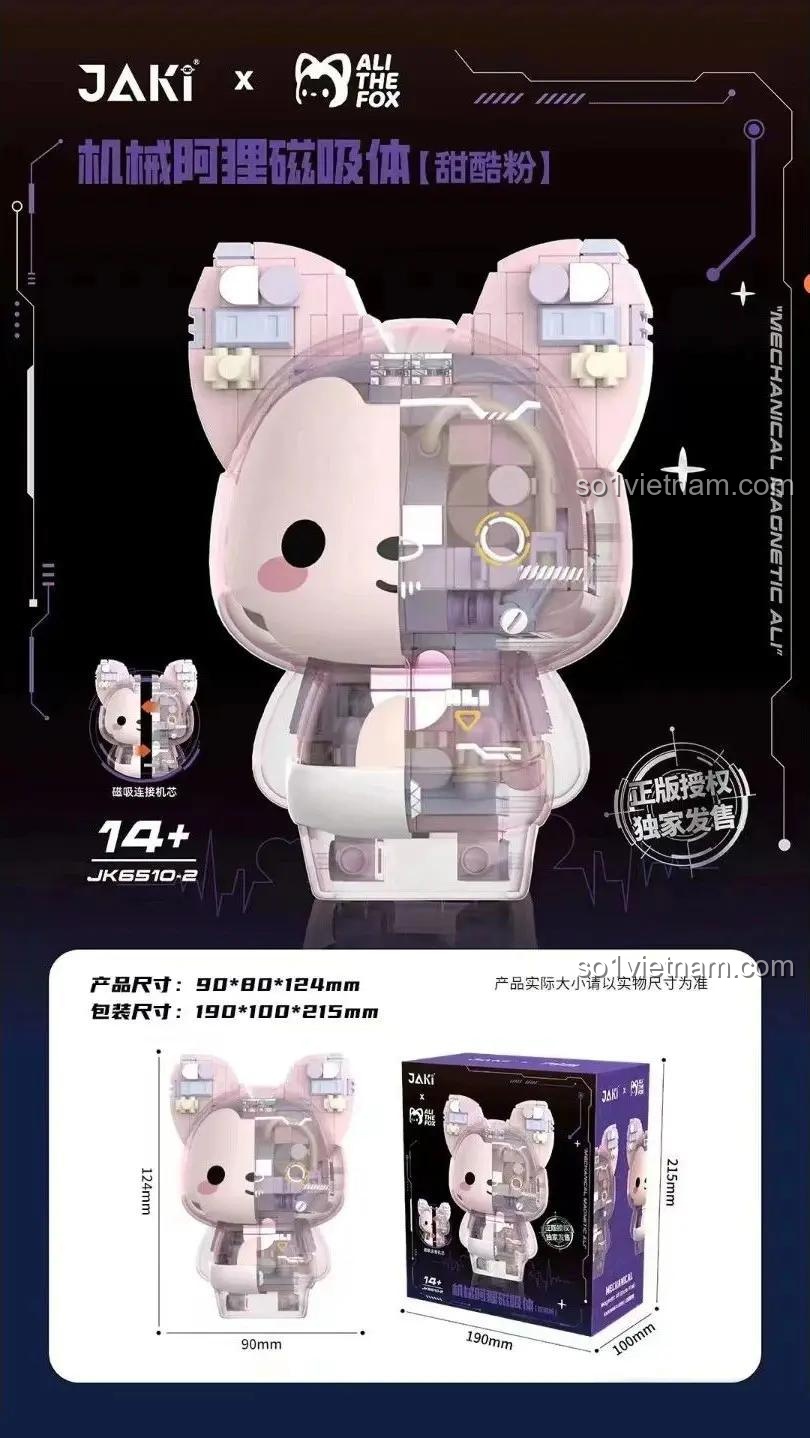 Mô hình Gấu A-Li Cơ Khí JAKI JK6510-2 và hộp sản phẩm, thể hiện kích thước thực tế của mô hình và hộp