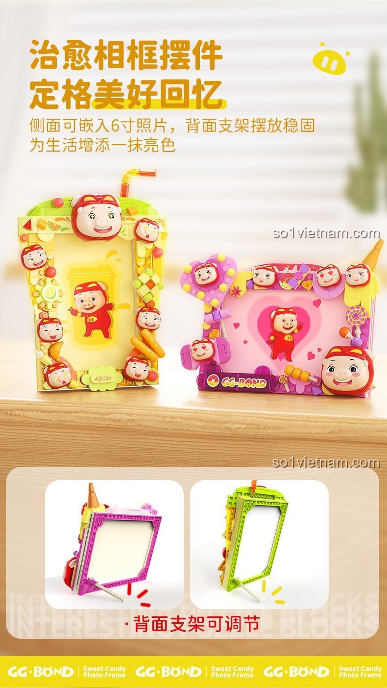 Các chi tiết cận cảnh của bộ lắp ghép Khung ảnh Trà Sữa Trân Châu JAKI, cho thấy các mảnh ghép trái cây và nhân vật GG Bond.