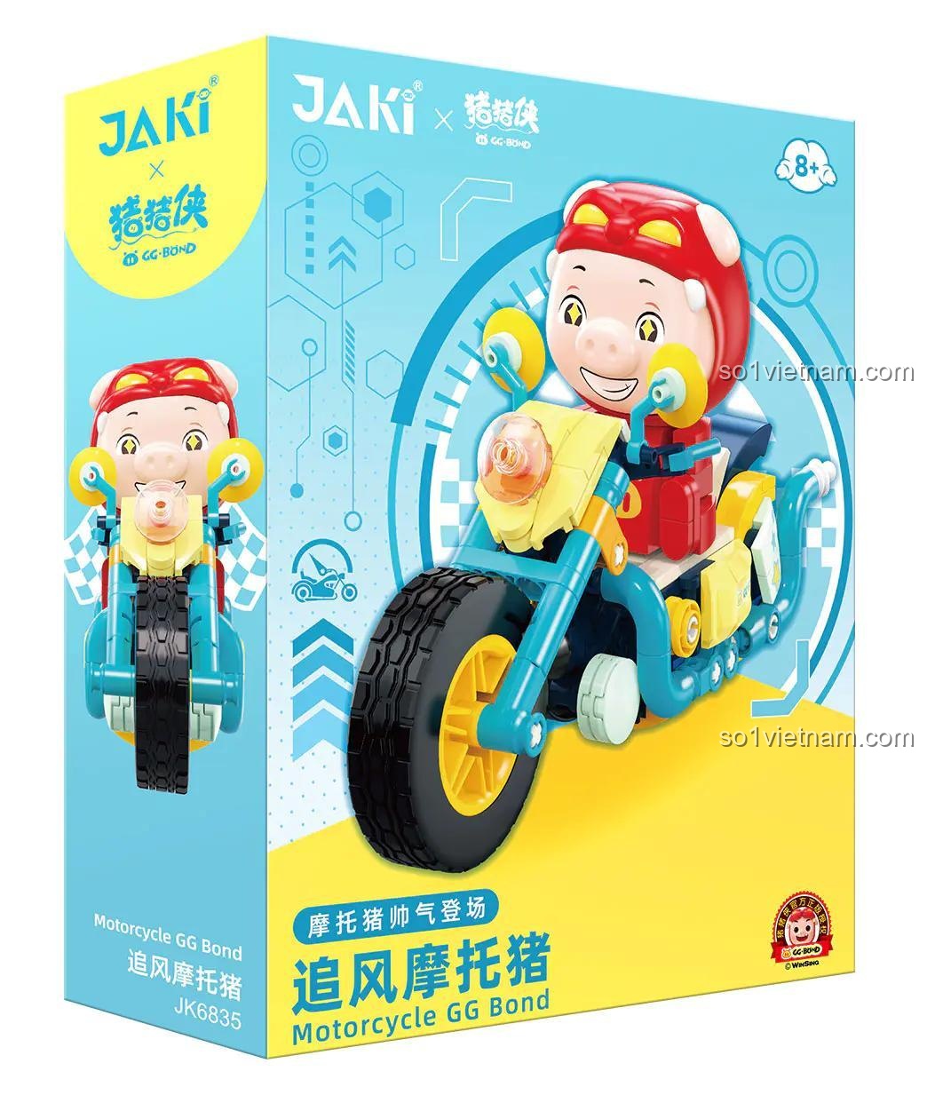 Hộp sản phẩm đồ chơi lắp ráp xe máy GG Bond của JAKI, có hình ảnh mô hình và nhân vật GG Bond