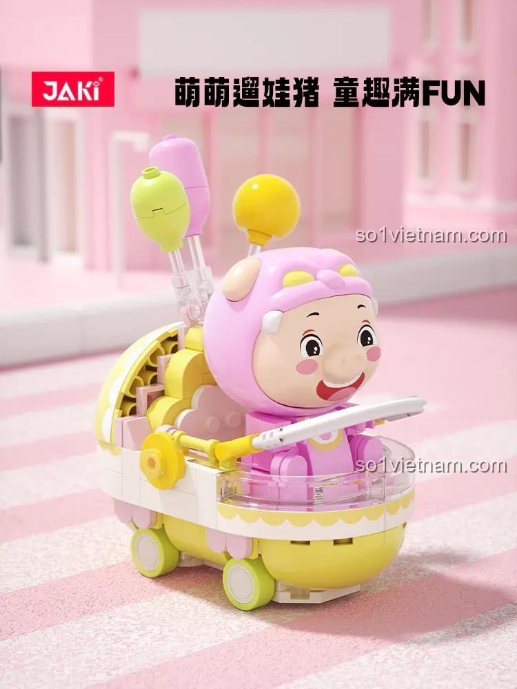 Mô hình xe đẩy GG Bond JAKI JK6836 sau khi lắp ráp, đồ chơi lắp ghép hình xe đẩy đáng yêu cho bé gái 8 tuổi, màu hồng vàng xanh lá