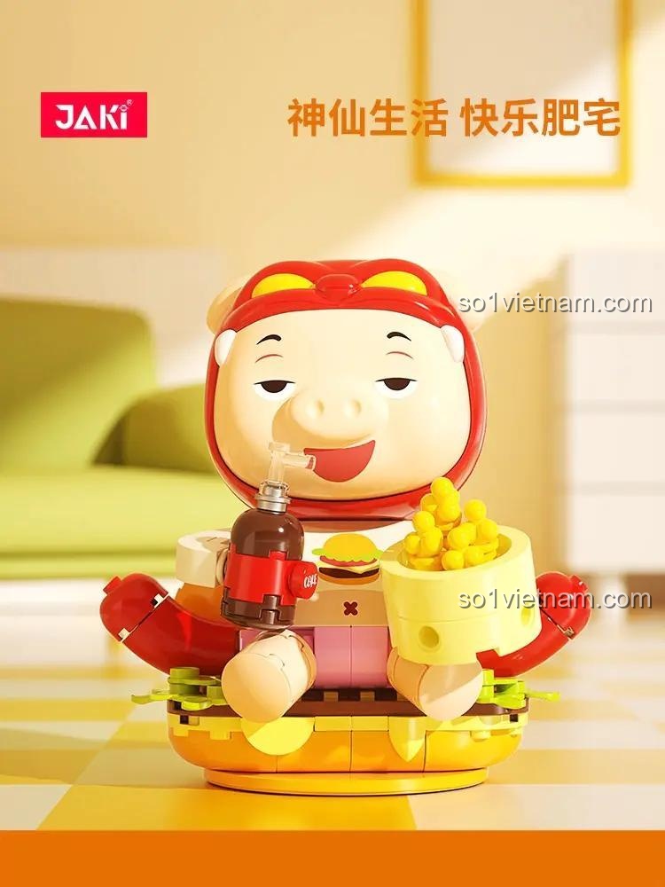 Bộ lắp ghép GGbond Happy Honebody JAKI JK6851, mô hình nhân vật hoạt hình cho bé 8 tuổi, màu đỏ, vàng, hồng, nâu, mô hình ngồi trên bánh burger