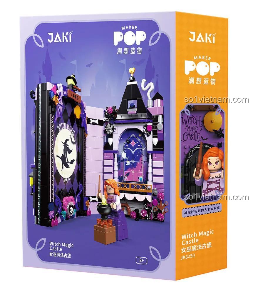 Hộp sản phẩm bộ lắp ghép Lâu đài Phép thuật Phù thủy JK8250 của JAKi, hiển thị mô hình hoàn chỉnh và minifigure, độ tuổi khuyến nghị 8+, phù hợp cho bé gái