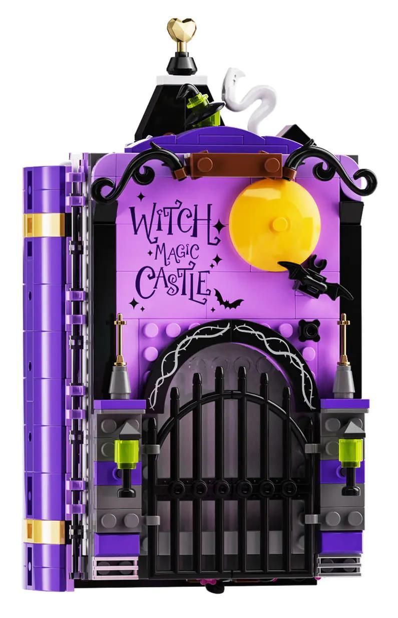 Mô hình Lâu đài Phép thuật Phù thủy JK8250 của JAKi, thiết kế dạng cuốn sách cổ màu tím với cổng sắt và các chi tiết ma thuật, có minifigure phù thủy đứng trước cauldron, phù hợp cho bé gái 8 tuổi