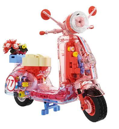 Bộ lắp ráp xe máy scooter cổ điển JAKI JK8325-3 vỏ trong suốt màu xanh, đồ chơi mô hình cho bé gái 8 tuổi giá rẻ.