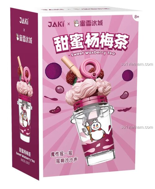 Hộp sản phẩm JAKI X 蜜雪冰城 甜蜜杨梅茶, bộ đồ chơi JAKI XWZB-23027 cho bé gái 8 tuổi, có âm thanh lắc kêu, màu hồng tím