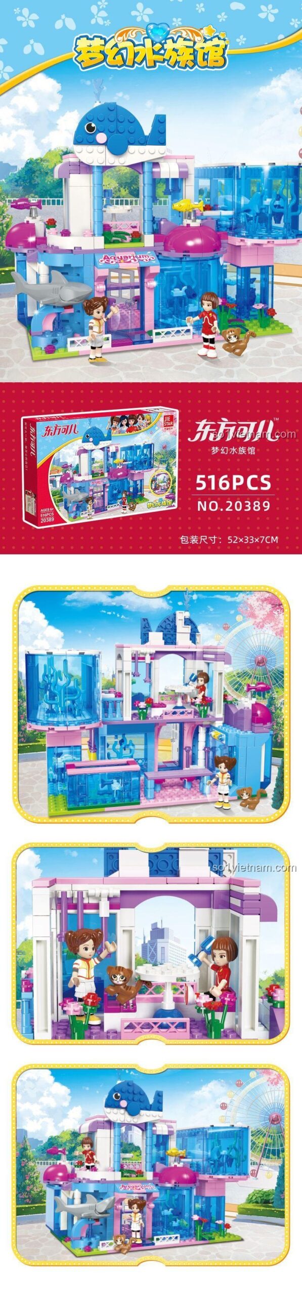 Chi tiết mô hình JIESTAR 20389 Thế giới Thủy Cung Mơ Mộng, có cá heo, cá mập, cá vàng, 2 minifigures