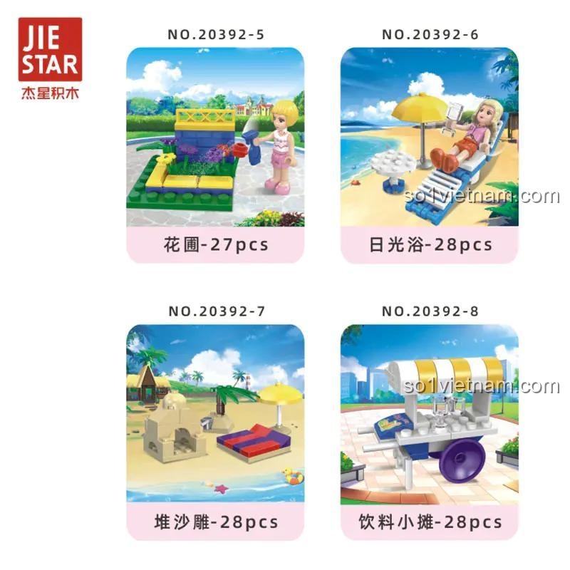 Các mô hình lắp ráp từ bộ JIESTAR 20392 Mô hình Thiên thần Mơ mộng: Mô tô nước, Khu vui chơi, Xe địa hình, Cô gái bên bàn