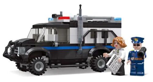 Xe chống bạo động JIESTAR 54113 với 3 minifigures cảnh sát, xe bọc thép màu đen trắng xanh dương, đồ chơi lắp ráp cho bé trai 6 tuổi