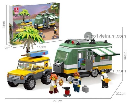 Hộp đựng bộ đồ chơi xe cắm trại toàn cầu JIESTAR 55015, thể hiện kích thước hộp và mô hình, đồ chơi lắp ghép cho bé trai 6 tuổi