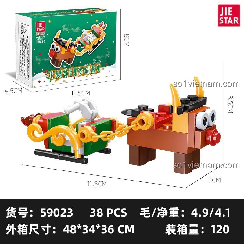 Hộp sản phẩm JIESTAR 59023 và mô hình xe tuần lộc Giáng Sinh với kích thước chi tiết