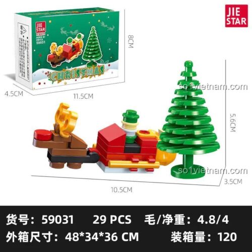 Hộp sản phẩm JIESTAR 59031 và mô hình xe tuần lộc Giáng Sinh