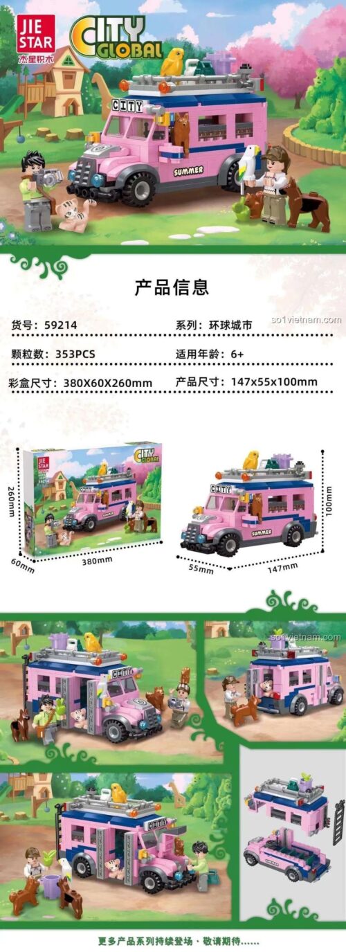 Xe cắm trại dã ngoại JIESTAR 59214 màu hồng với các minifigure và phụ kiện