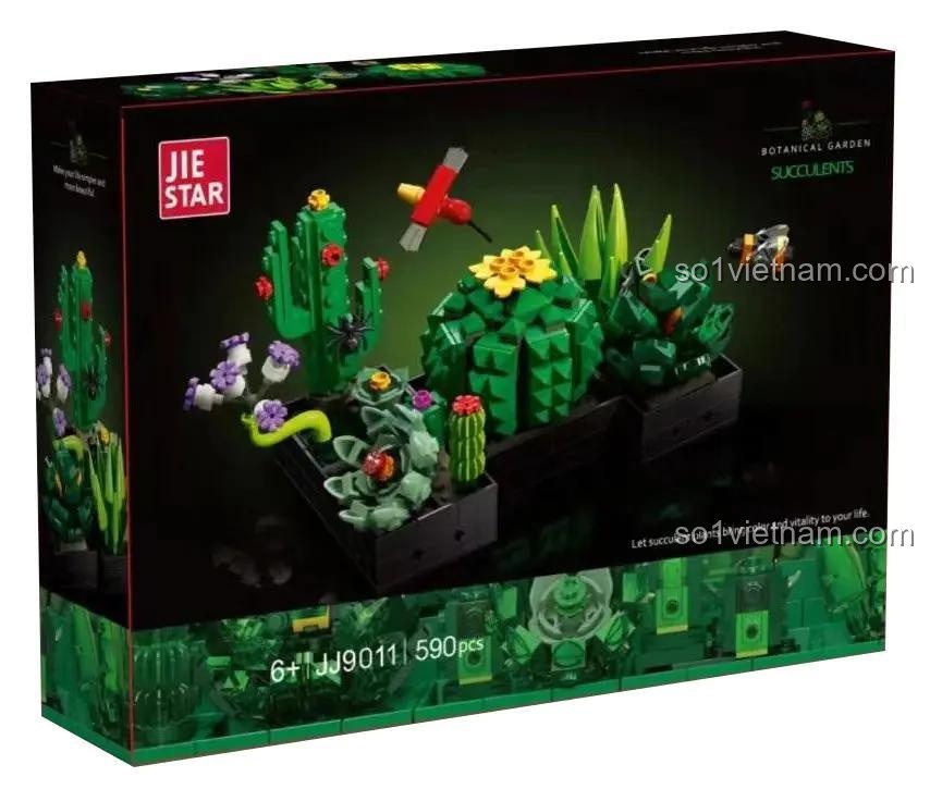 Hộp sản phẩm bộ lắp ghép cây xanh JIESTAR JJ9011 590 chi tiết cho bé 6 tuổi