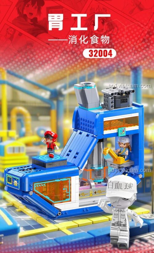 Poster giới thiệu đồ chơi mô hình Tế Bào Làm Việc Jialezhuan 32004, mô phỏng nhà máy tiêu hóa thức ăn, một lựa chọn giá tốt cho fan anime.