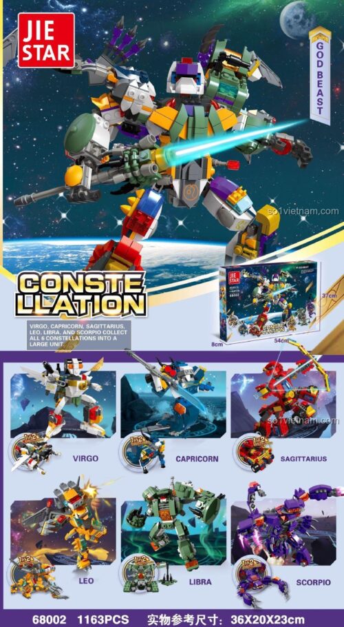 Chi tiết các mẫu robot Xử Nữ, Ma Kết, Nhân Mã, Sư Tử, Thiên Bình, Bọ Cạp và dạng hợp thể Thần Thú của bộ đồ chơi lắp ráp JIE STAR 68002.