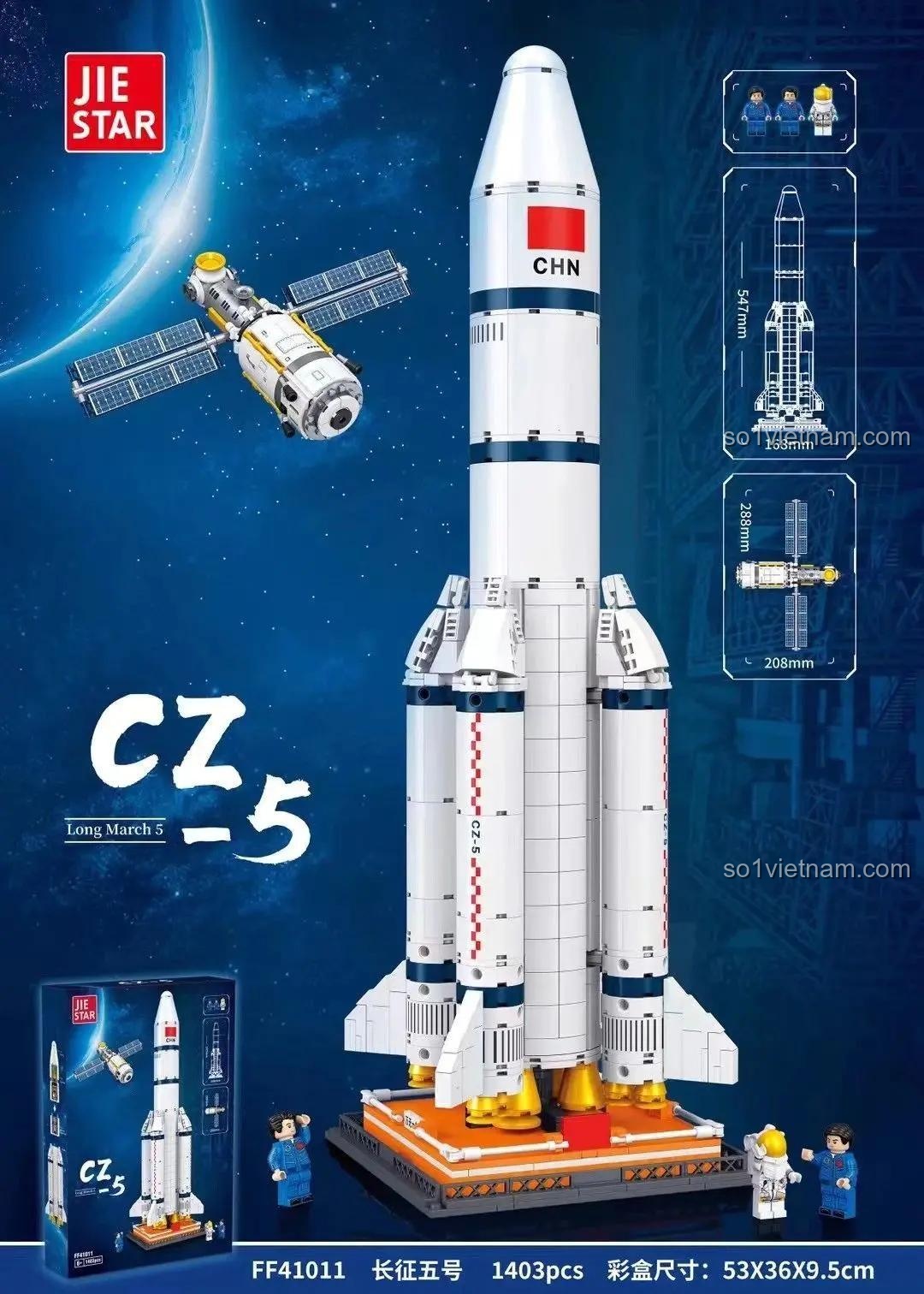 Hình ảnh hộp sản phẩm đồ chơi mô hình JIE STAR FF41011 Tên lửa đẩy CZ-5, gồm 1403 chi tiết, phù hợp cho con trai.