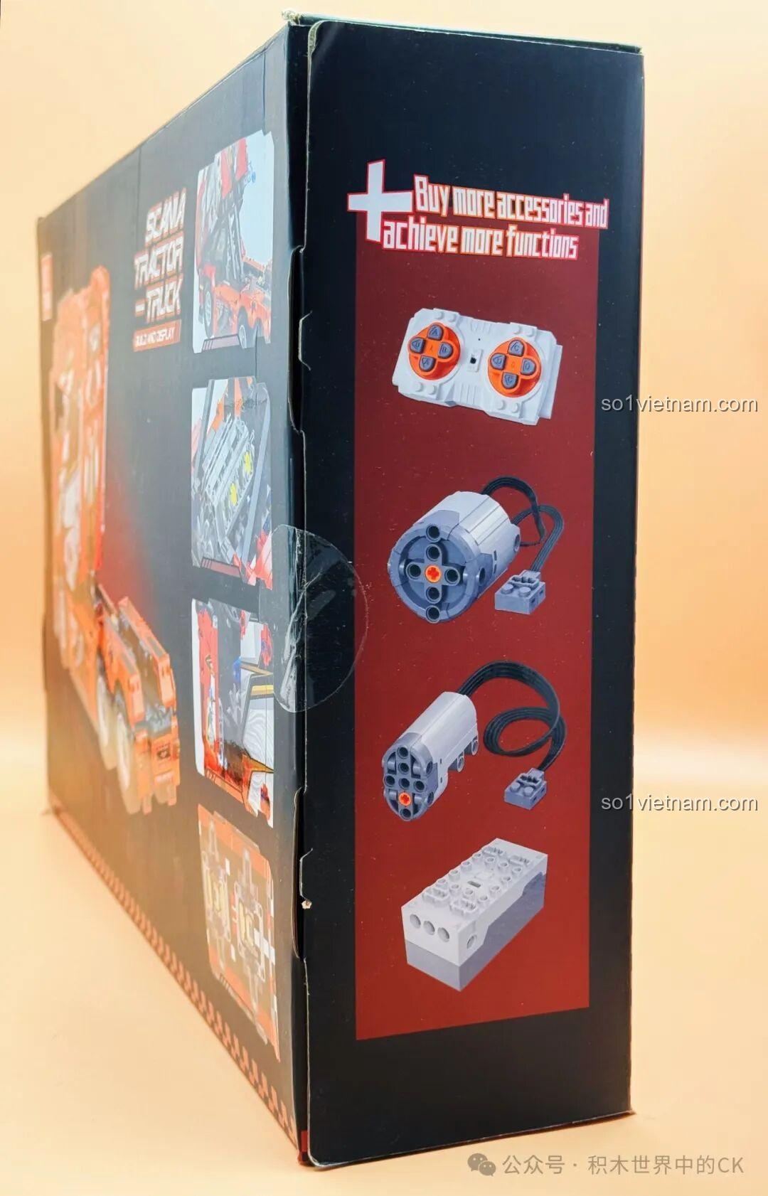 Mặt sau hộp bộ lắp ghép Jie Star JJ9070 Xe Đầu Kéo Scania, mô hình xe tải Scania với các chi tiết nổi bật.