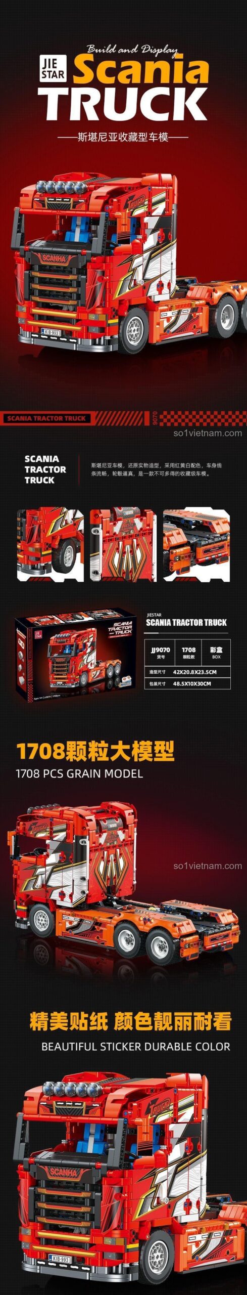 Thông số kỹ thuật bộ lắp ghép Jie Star JJ9070 Xe Đầu Kéo Scania, mô hình xe tải Scania 1708 chi tiết, kích thước mô hình và hộp.