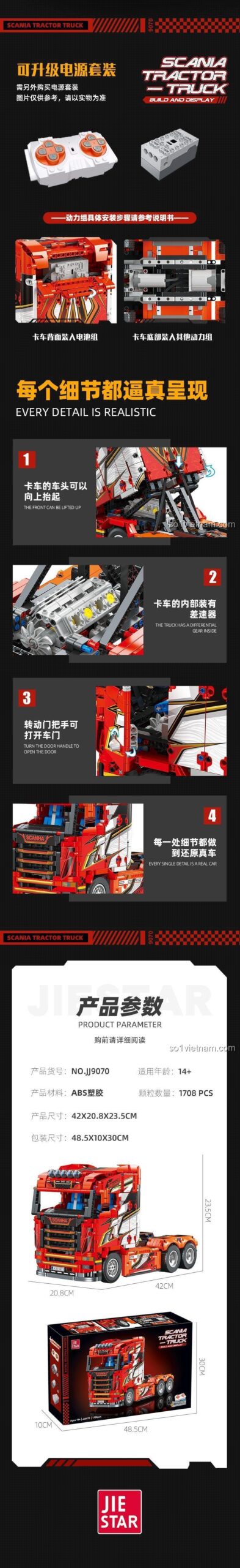 Tính năng điều khiển từ xa và chi tiết thực tế của bộ lắp ghép Jie Star JJ9070 Xe Đầu Kéo Scania, đồ chơi mô hình xe tải Scania cho con trai 14 tuổi.