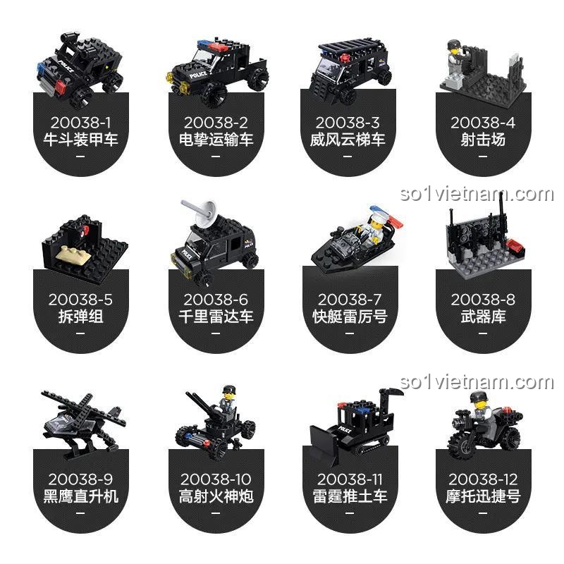 Đồ chơi lắp ráp JIESTAR 20038 Đội Đặc Nhiệm Phi Hổ, bộ xếp hình 12 mẫu xe cảnh sát đặc nhiệm và trực thăng, đồ chơi mô hình cho bé trai 6 tuổi