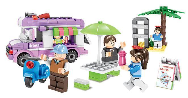 Bộ đồ chơi JIESTAR 20314 Xe Bán Nước Giải Khát Lưu Động màu tím trắng, có 4 minifigures, phù hợp bé gái 6 tuổi, giá tốt