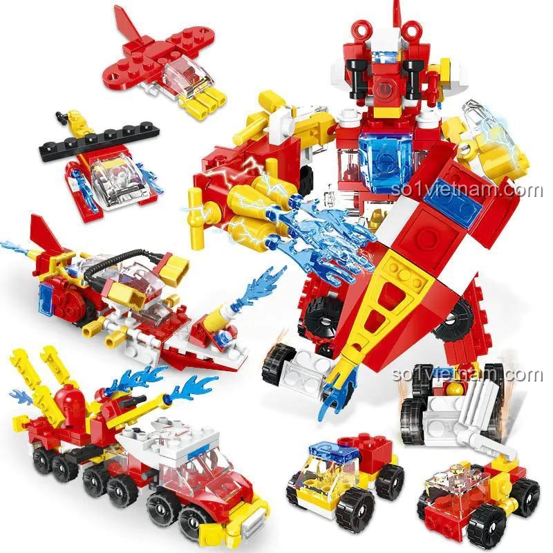Đồ chơi lắp ráp Đội Tấn Công Hỏa Tuyến với 12 mẫu phương tiện cứu hỏa và robot biến hình, cho bé trai 6 tuổi, chất lượng cao.