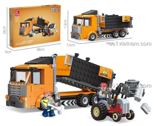 Kích thước chi tiết của đồ chơi lắp ráp JIESTAR 51031 và hộp sản phẩm xe tải ben và máy xúc lật.