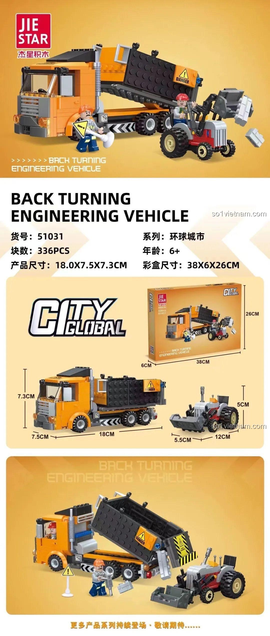 Thông số kỹ thuật của bộ xếp hình xe công trình thành phố JIESTAR 51031, gồm 336 mảnh ghép cho bé trai.