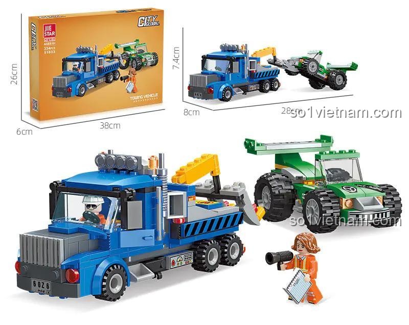 Ảnh chi tiết kích thước của đồ chơi lắp ráp 51033 và vỏ hộp. Mô hình xe kéo và xe đua dài 28cm, cao 7.4cm. Hộp sản phẩm JIESTAR 51033 kích thước 38x26x6cm.