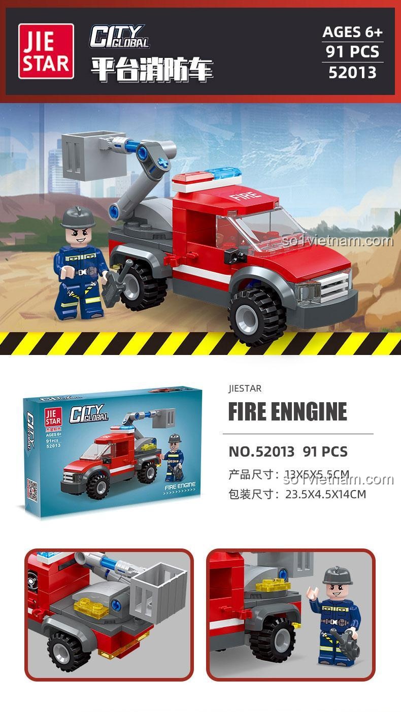 Thông tin chi tiết và kích thước của bộ xếp hình Jiestar 52013 xe cứu hỏa, mô hình dài 13cm, gồm 91 mảnh ghép.