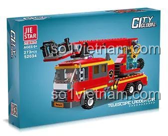 Hộp sản phẩm đồ chơi xếp hình JIESTAR 52034 Xe Cứu Hỏa Thang Rút với 273 chi tiết, món quà ý nghĩa cho con trai.