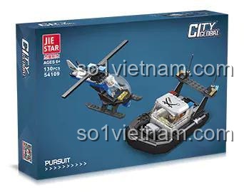 Hộp bộ lắp ghép JIESTAR 54109 Cuộc Đuổi Bắt Cảnh Sát, thể hiện rõ mô hình trực thăng và thuyền cảnh sát, dành cho bé trai 6 tuổi.